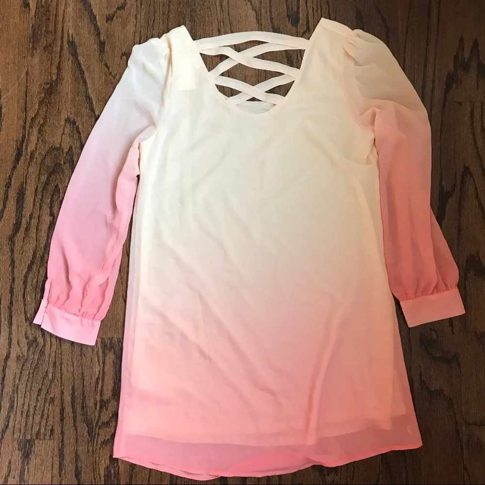 Pink ombré long sleeved shift dress w/ cross back - Picture 3 of 7